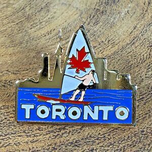 VTG Toronto Canada Souvenir Enamel Pin Retro Windsurfer Skyline Gold Tone Lapel